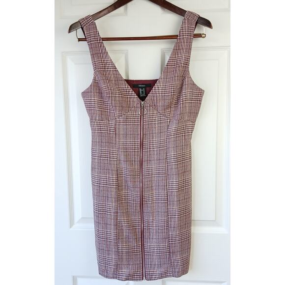 Forever 21 zip-up jumper bodycon dress M woven burgundy cream houndstooth tweed - Picture 10 of 10